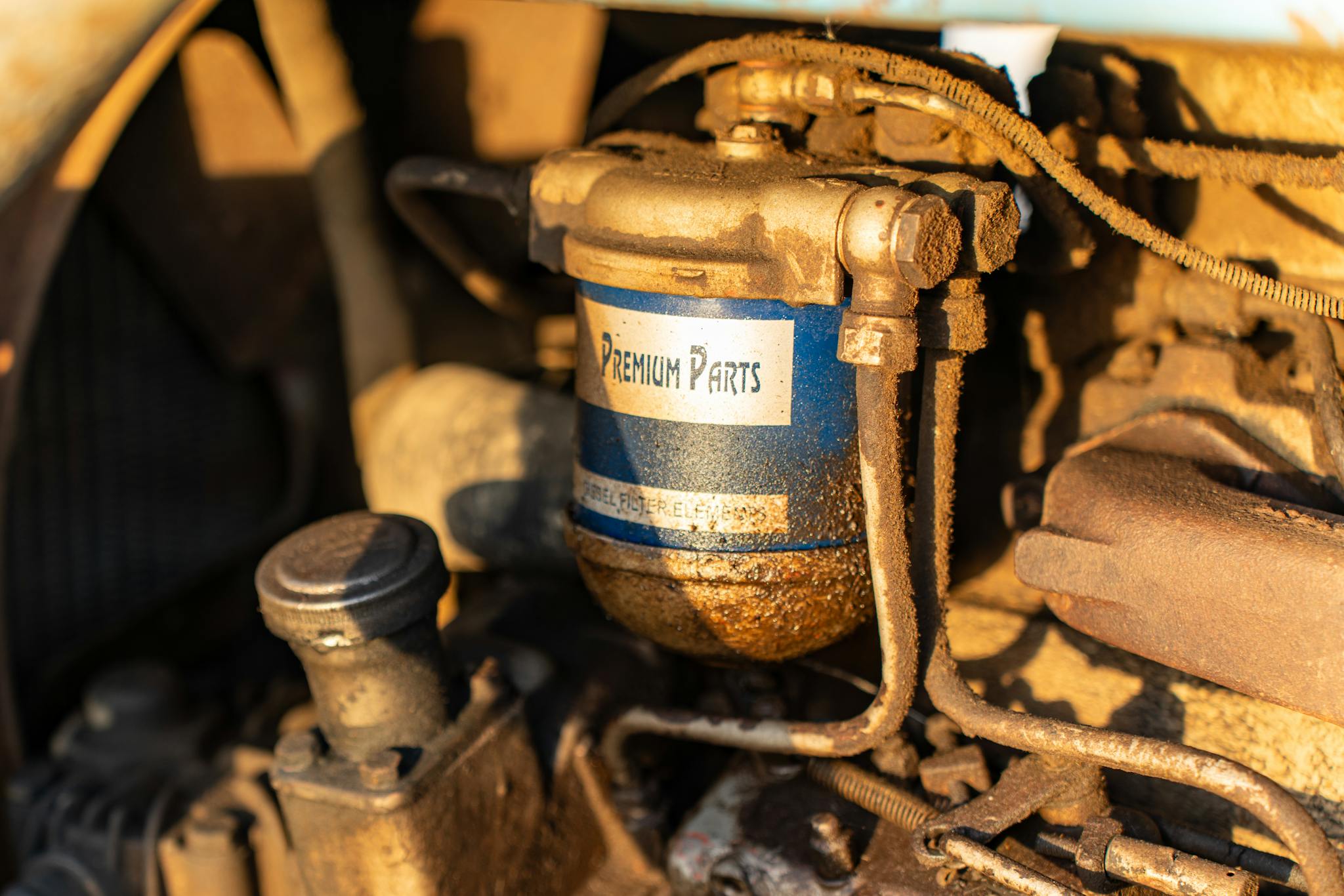 Detailed view of a mechanical engine part with Premium Parts label.